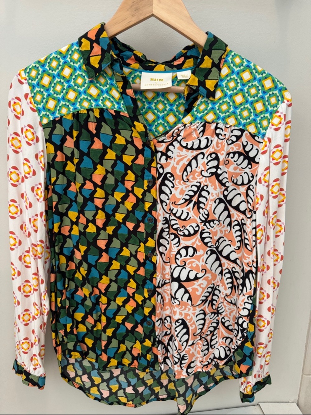Anthropologie Maeve Patchwork Printed Button-Down Blouse women’s small